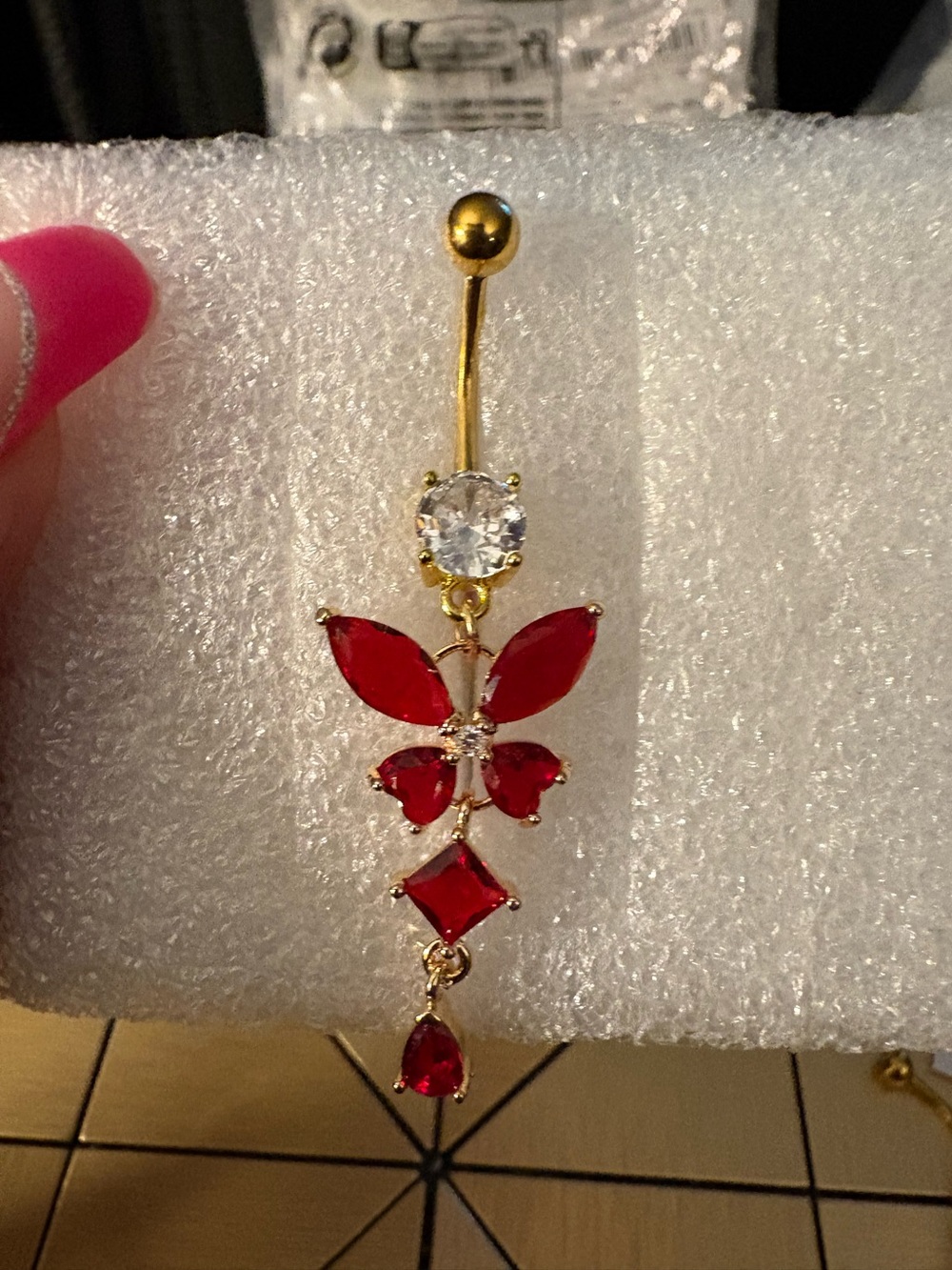 Belly Ring-Dangling Red Butterfly  Belly Ring  14G Stainless Steel